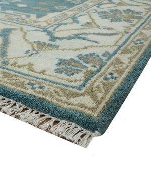Teal, Ivory and Olive 6x9 Hand Knotted Oriental Oushak wool area rug