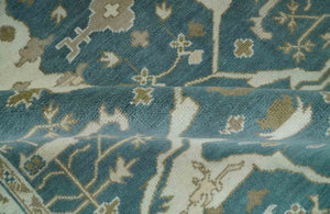 Teal, Ivory and Olive 6x9 Hand Knotted Oriental Oushak wool area rug