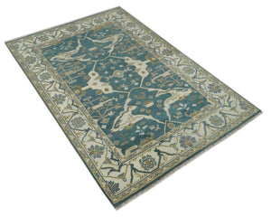 Teal, Ivory and Olive 6x9 Hand Knotted Oriental Oushak wool area rug