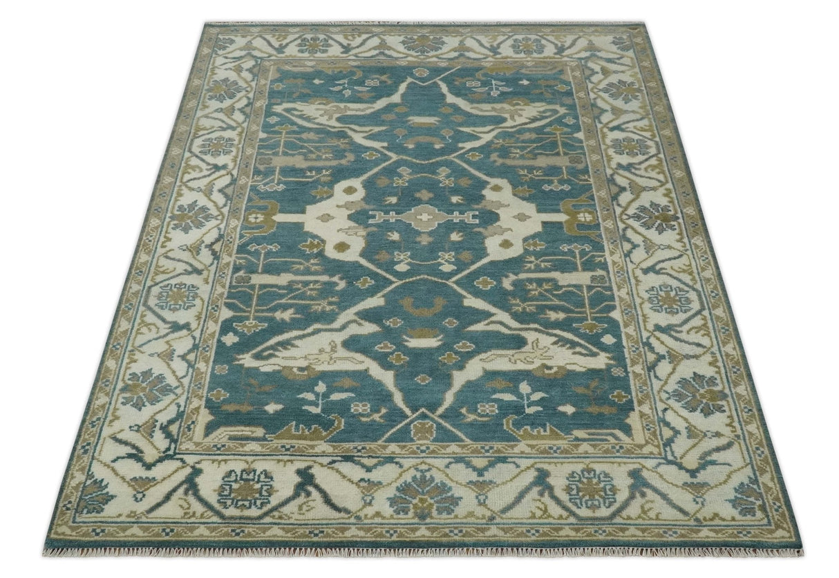 Teal, Ivory and Olive 6x9 Hand Knotted Oriental Oushak wool area rug