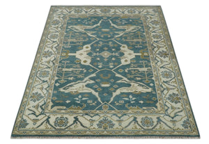 Teal, Ivory and Olive 6x9 Hand Knotted Oriental Oushak wool area rug