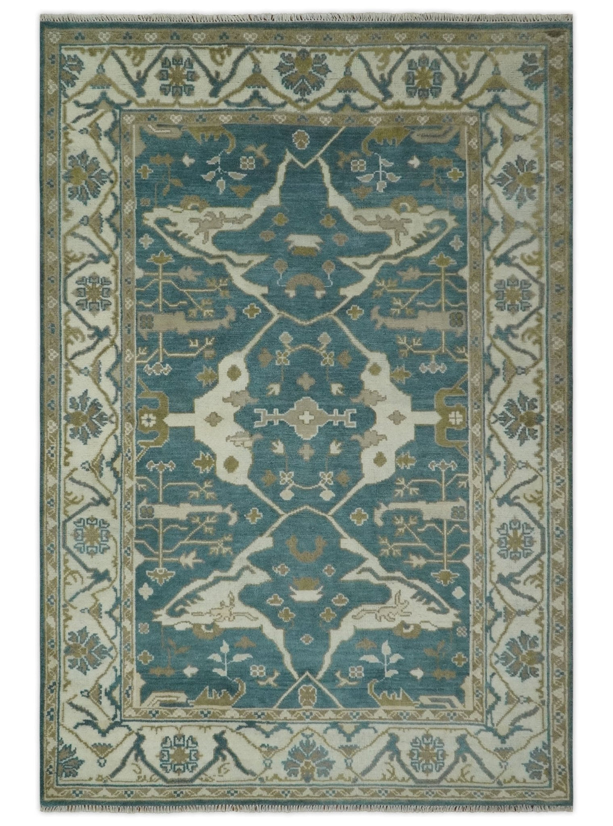 Teal, Ivory and Olive 6x9 Hand Knotted Oriental Oushak wool area rug