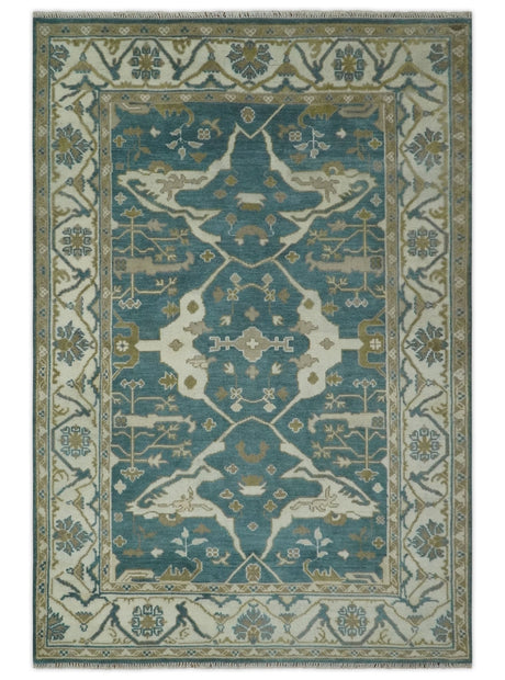 Teal, Ivory and Olive 6x9 Hand Knotted Oriental Oushak wool area rug
