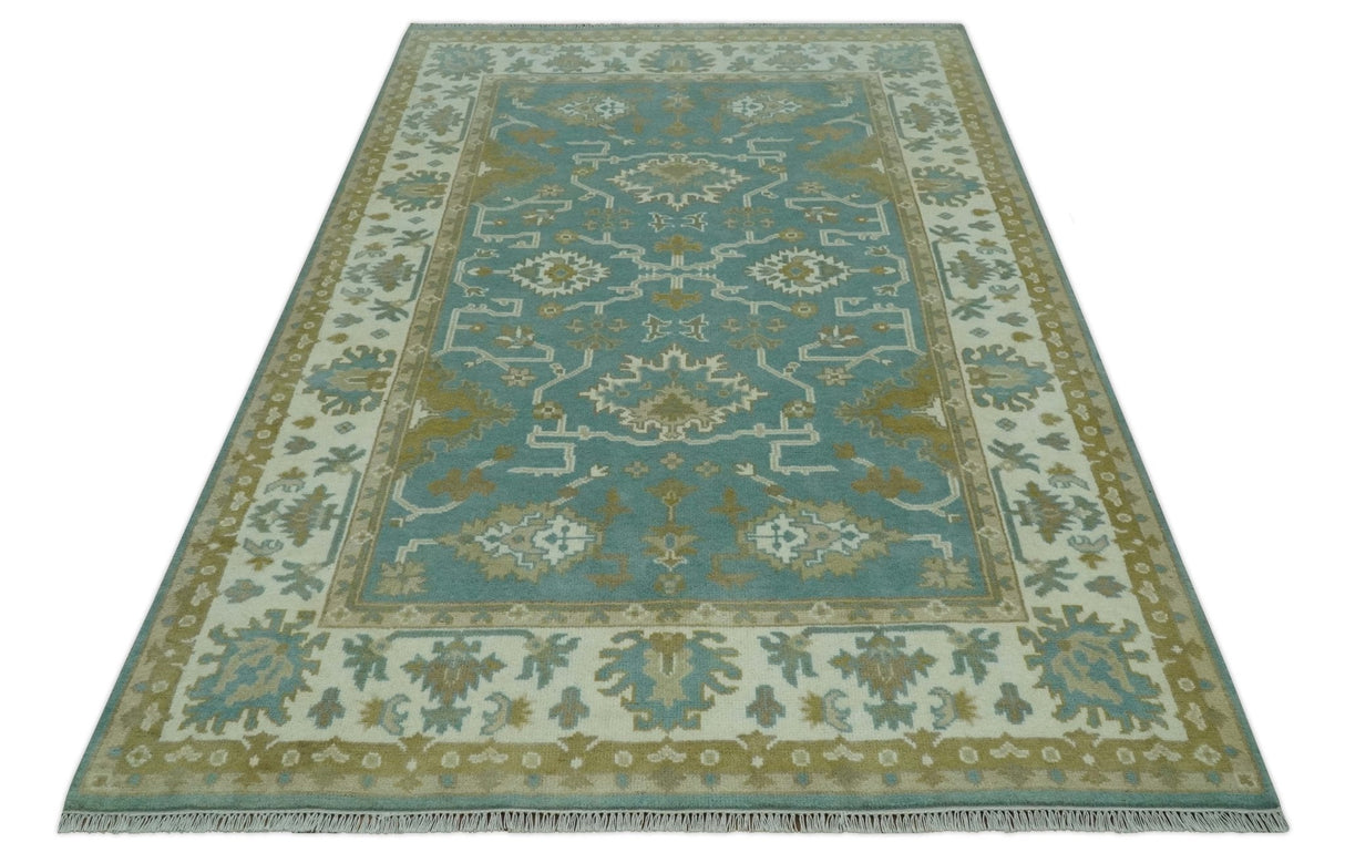 Teal, Ivory and Olive Hand Knotted 6x9 Traditional Oriental Oushak wool rug