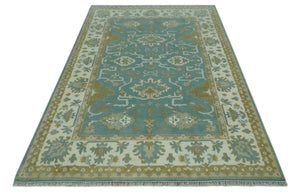 Teal, Ivory and Olive Hand Knotted 6x9 Traditional Oriental Oushak wool rug