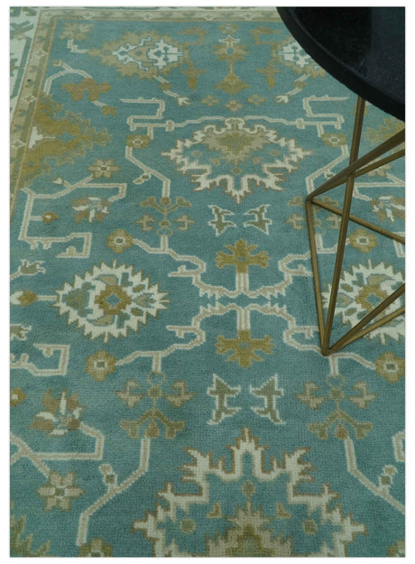 Teal, Ivory and Olive Hand Knotted 6x9 Traditional Oriental Oushak wool rug