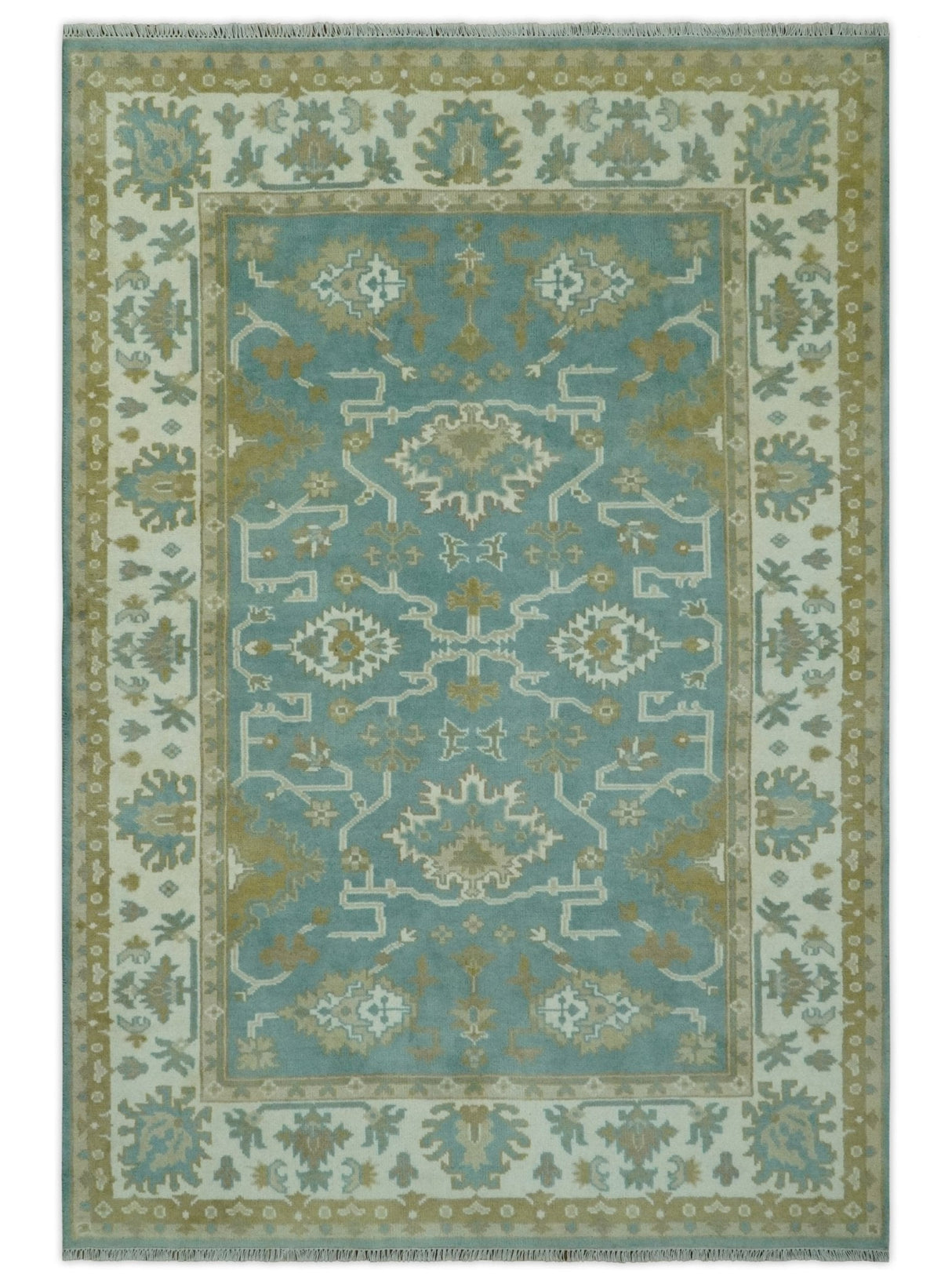 Teal, Ivory and Olive Hand Knotted 6x9 Traditional Oriental Oushak wool rug