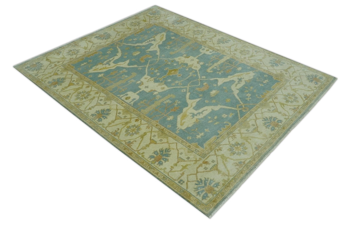 Teal, Olive and Beige Hand Knotted 8x10 Traditional Oriental Oushak wool area rug
