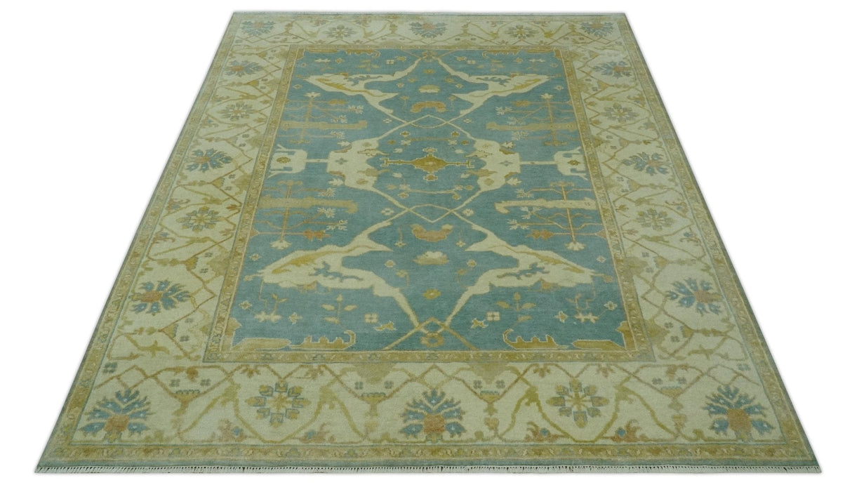 Teal, Olive and Beige Hand Knotted 8x10 Traditional Oriental Oushak wool area rug