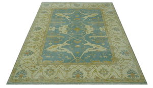 Teal, Olive and Beige Hand Knotted 8x10 Traditional Oriental Oushak wool area rug