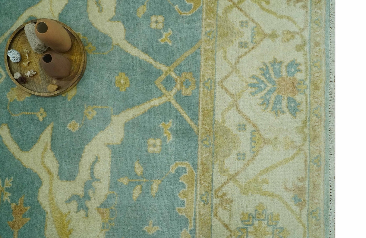 Teal, Olive and Beige Hand Knotted 8x10 Traditional Oriental Oushak wool area rug