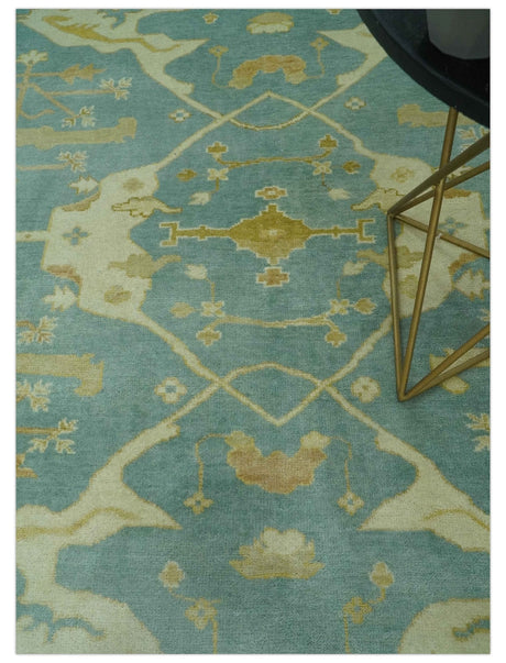Teal, Olive and Beige Hand Knotted 8x10 Traditional Oriental Oushak wool area rug