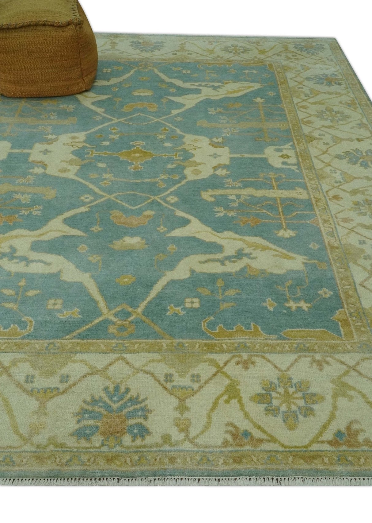 Teal, Olive and Beige Hand Knotted 8x10 Traditional Oriental Oushak wool area rug