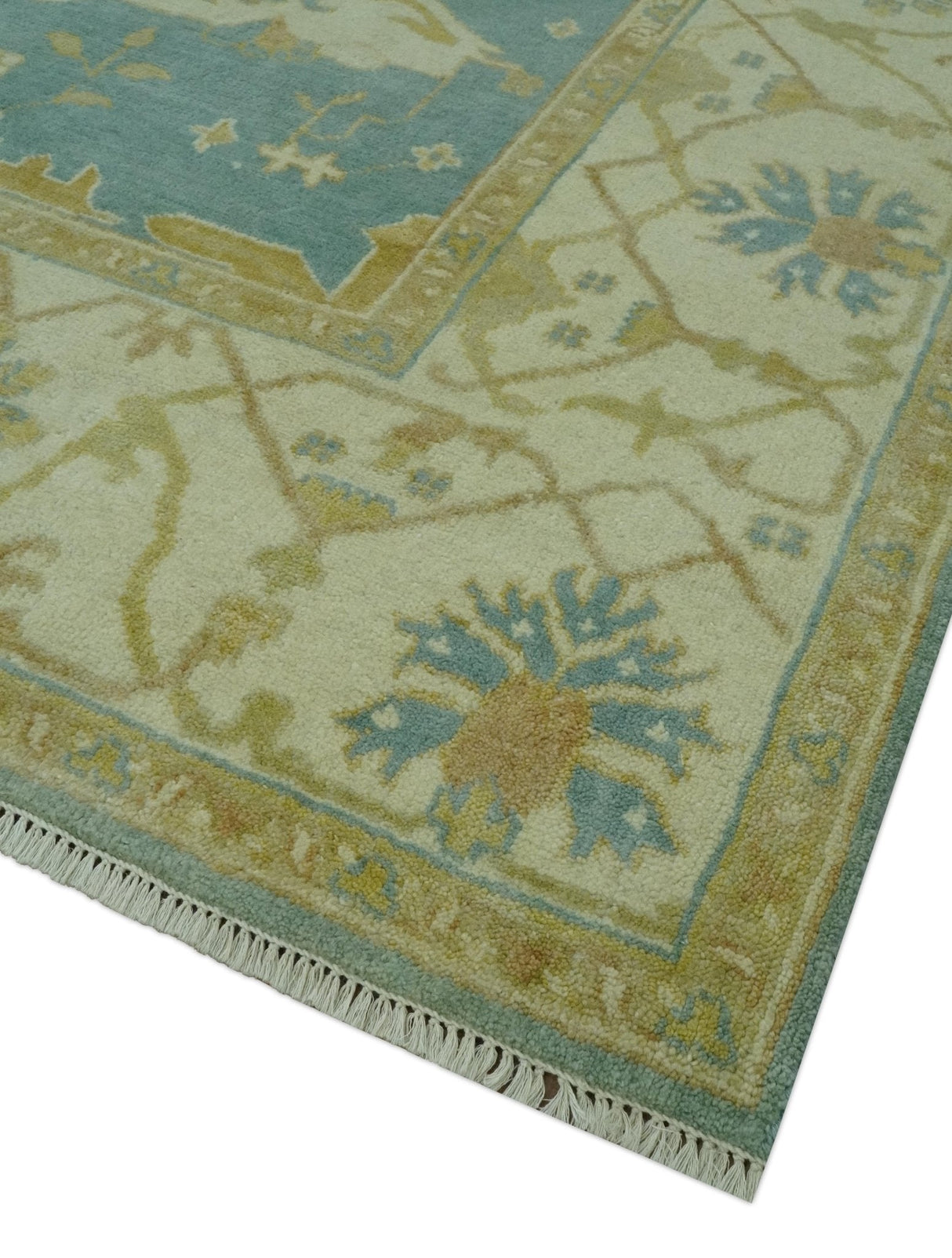 Teal, Olive and Beige Hand Knotted 8x10 Traditional Oriental Oushak wool area rug