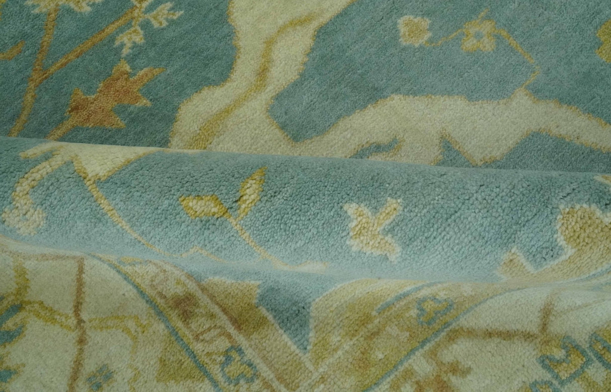 Teal, Olive and Beige Hand Knotted 8x10 Traditional Oriental Oushak wool area rug