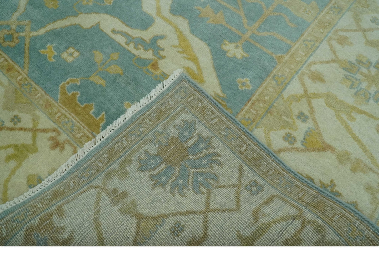 Teal, Olive and Beige Hand Knotted 8x10 Traditional Oriental Oushak wool area rug