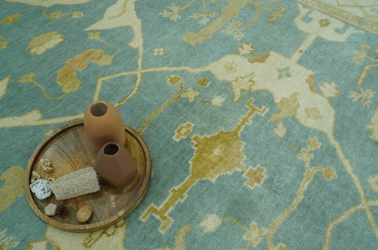 Teal, Olive and Beige Hand Knotted 8x10 Traditional Oriental Oushak wool area rug