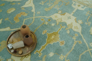 Teal, Olive and Beige Hand Knotted 8x10 Traditional Oriental Oushak wool area rug
