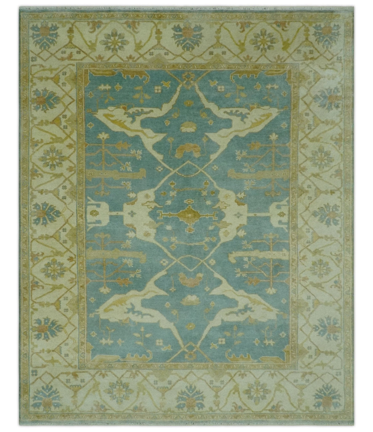 Teal, Olive and Beige Hand Knotted 8x10 Traditional Oriental Oushak wool area rug