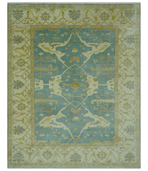 Teal, Olive and Beige Hand Knotted 8x10 Traditional Oriental Oushak wool area rug