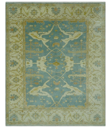 Teal, Olive and Beige Hand Knotted 8x10 Traditional Oriental Oushak wool area rug