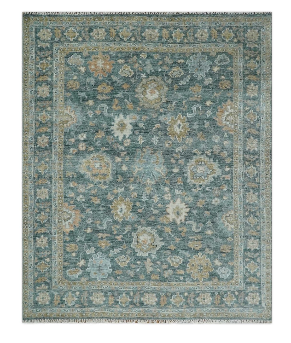 Teal, Olive and Silver Antique Style Hand knotted 8x10 Oushak wool Area Rug
