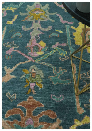 Teal, Peach and Mustard Hand Knotted Oriental Oushak 8x10 wool area Rug
