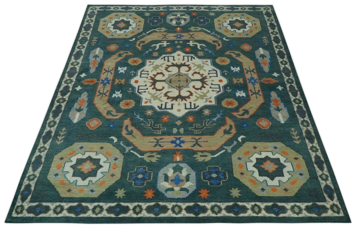 Teal and Ivory 8x10 Hand Knotted Traditional Mamluk Design wool Rug