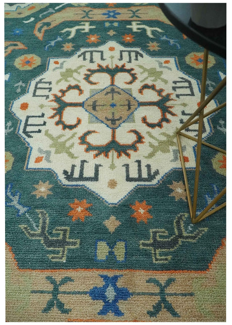 Teal and Ivory 8x10 Hand Knotted Traditional Mamluk Design wool Rug