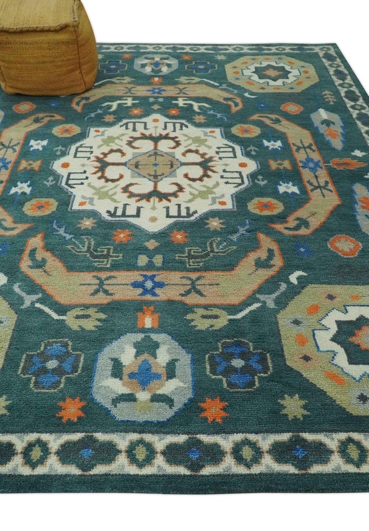 Teal and Ivory 8x10 Hand Knotted Traditional Mamluk Design wool Rug
