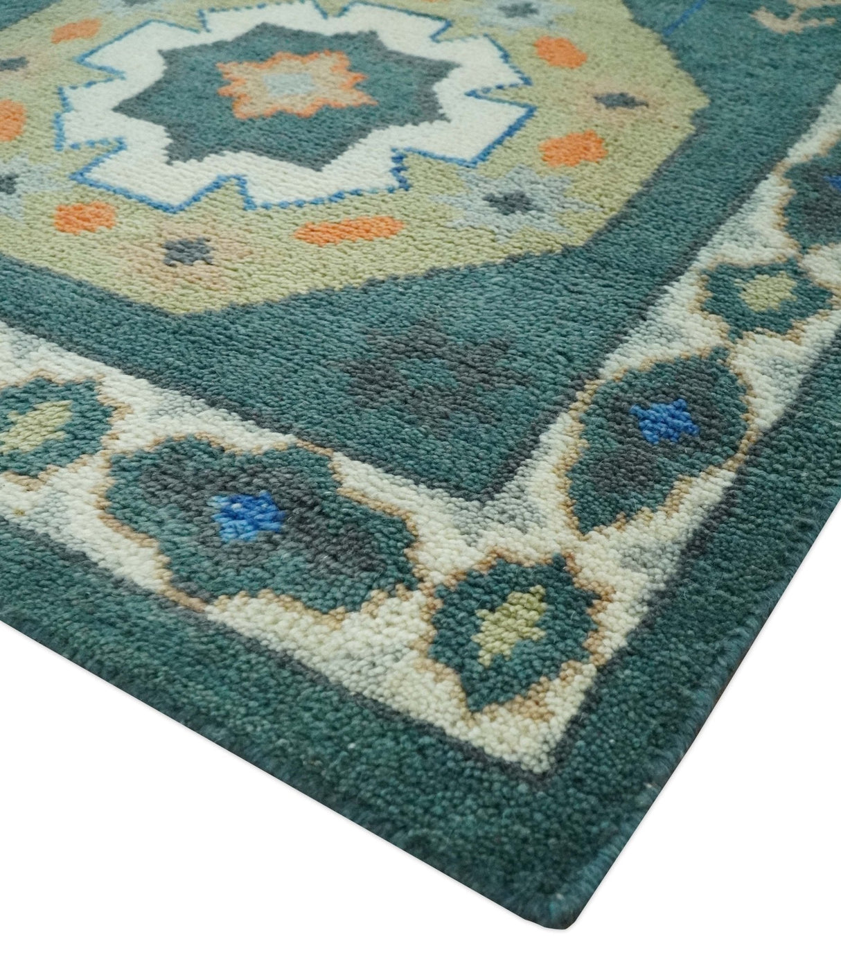 Teal and Ivory 8x10 Hand Knotted Traditional Mamluk Design wool Rug