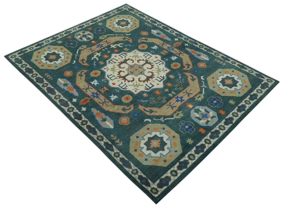 Teal and Ivory 8x10 Hand Knotted Traditional Mamluk Design wool Rug