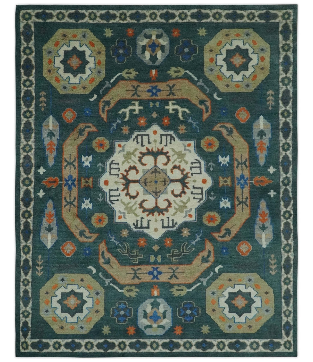 Teal and Ivory 8x10 Hand Knotted Traditional Mamluk Design wool Rug