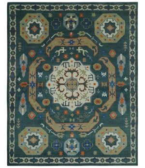 Teal and Ivory 8x10 Hand Knotted Traditional Mamluk Design wool Rug