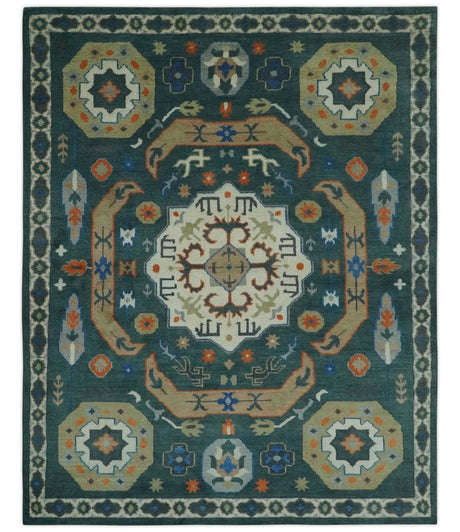Teal and Ivory 8x10 Hand Knotted Traditional Mamluk Design wool Rug