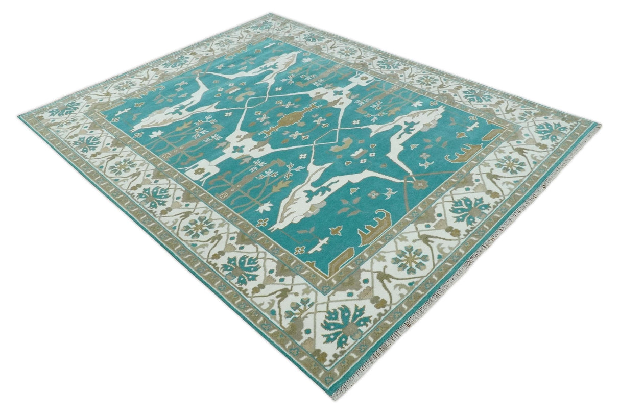 Teal and Ivory Hand knotted Oriental Oushak 9x12 wool Area Rug