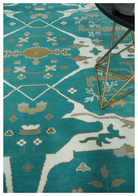 Teal and Ivory Hand knotted Oriental Oushak 9x12 wool Area Rug