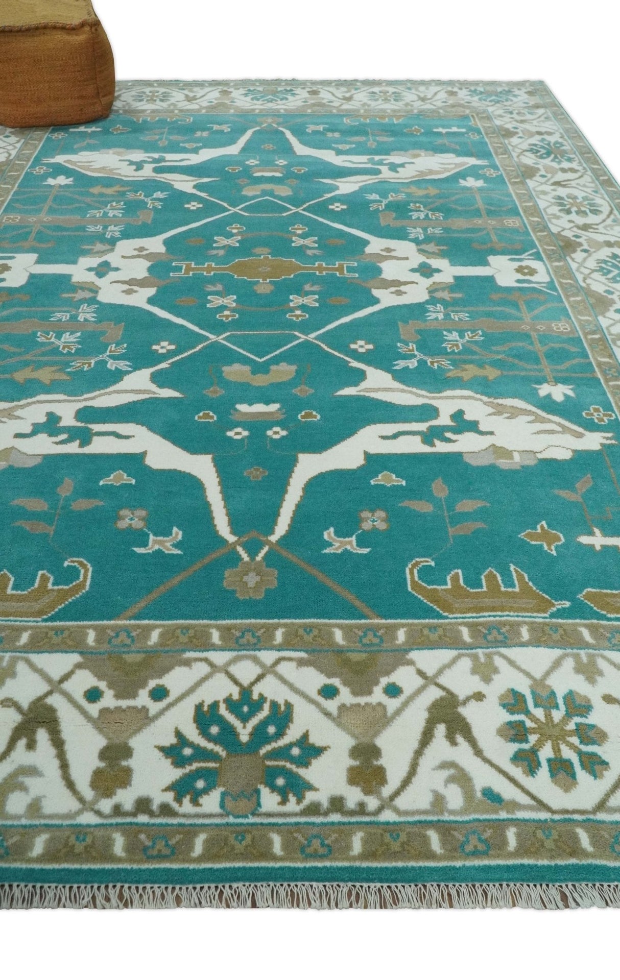 Teal and Ivory Hand knotted Oriental Oushak 9x12 wool Area Rug