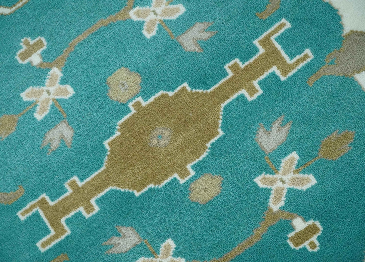 Teal and Ivory Hand knotted Oriental Oushak 9x12 wool Area Rug