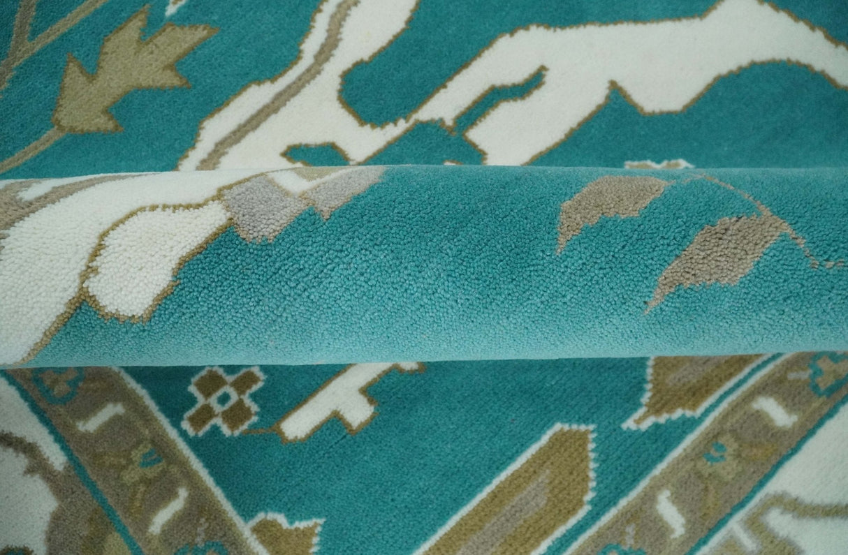Teal and Ivory Hand knotted Oriental Oushak 9x12 wool Area Rug