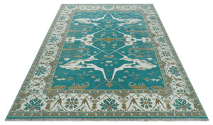 Teal and Ivory Hand knotted Oriental Oushak 9x12 wool Area Rug