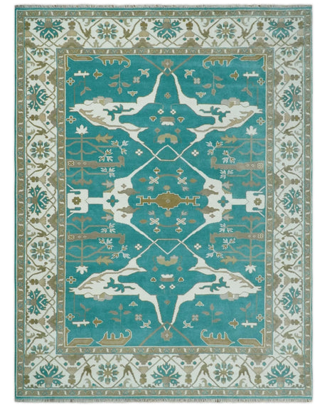 Teal and Ivory Hand knotted Oriental Oushak 9x12 wool Area Rug