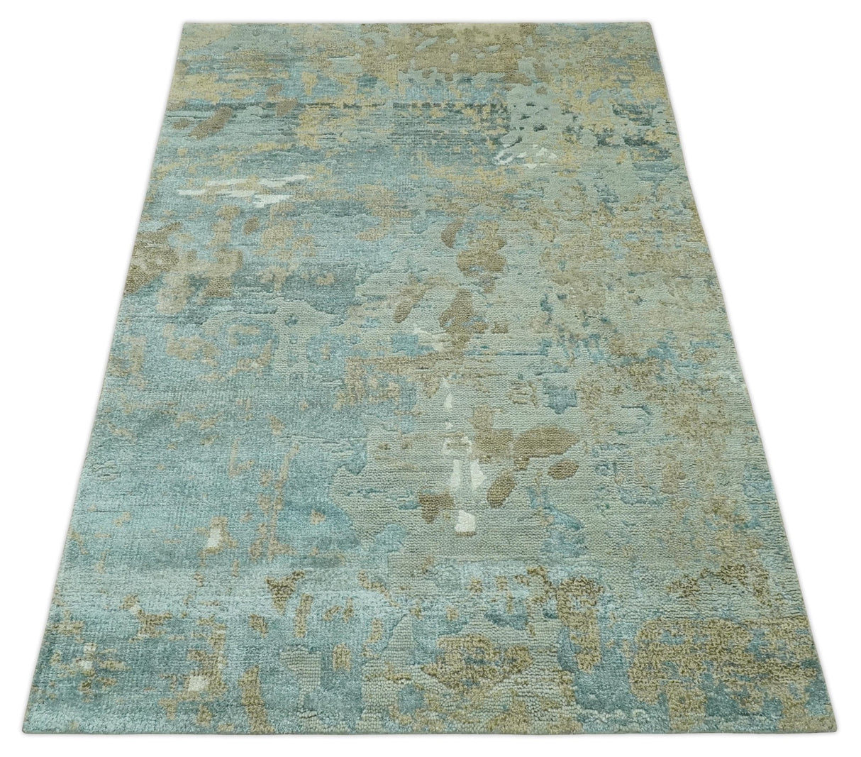 Teal and Olive Modern Abstract Hand Knotted 5x8 wool area Rug
