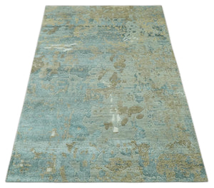 Teal and Olive Modern Abstract Hand Knotted 5x8 wool area Rug