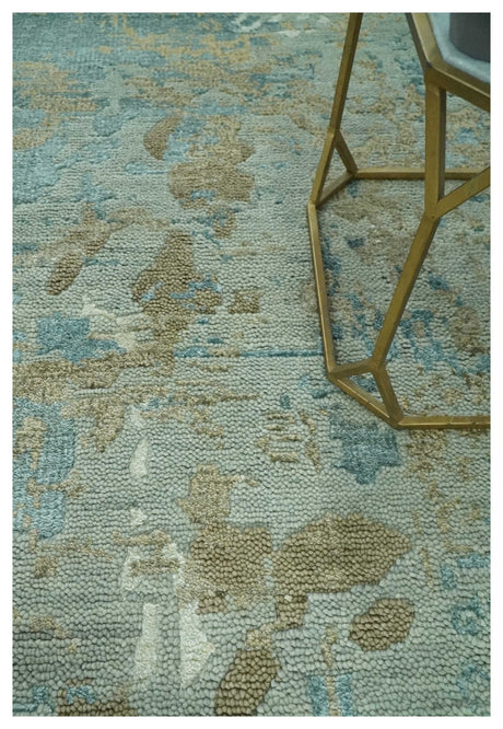 Teal and Olive Modern Abstract Hand Knotted 5x8 wool area Rug