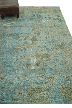 Teal and Olive Modern Abstract Hand Knotted 5x8 wool area Rug