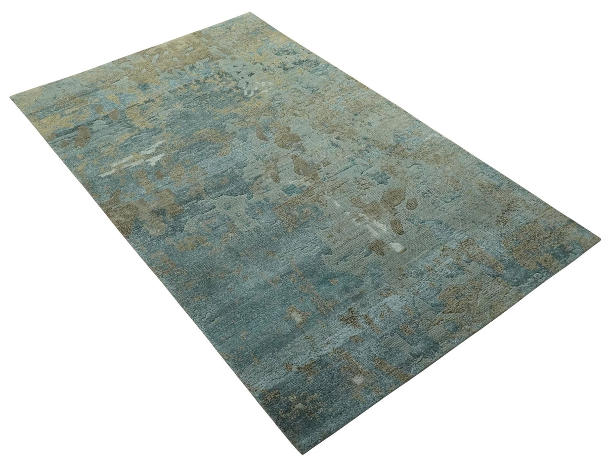 Teal and Olive Modern Abstract Hand Knotted 5x8 wool area Rug
