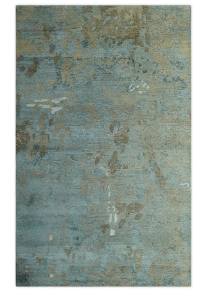 Teal and Olive Modern Abstract Hand Knotted 5x8 wool area Rug