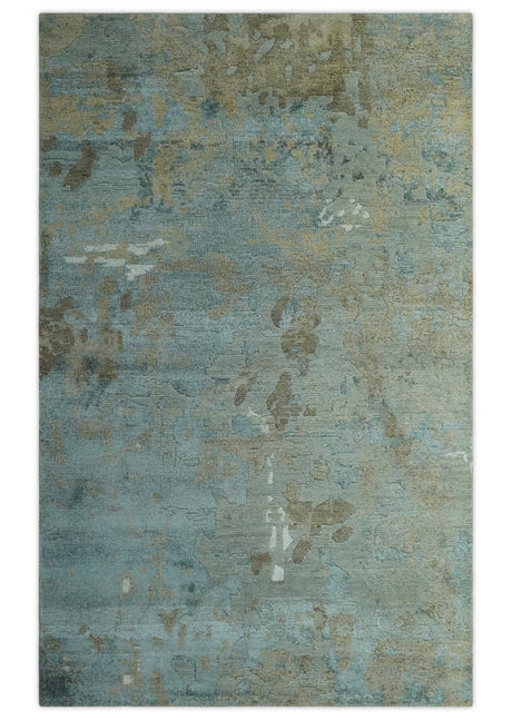 Teal and Olive Modern Abstract Hand Knotted 5x8 wool area Rug
