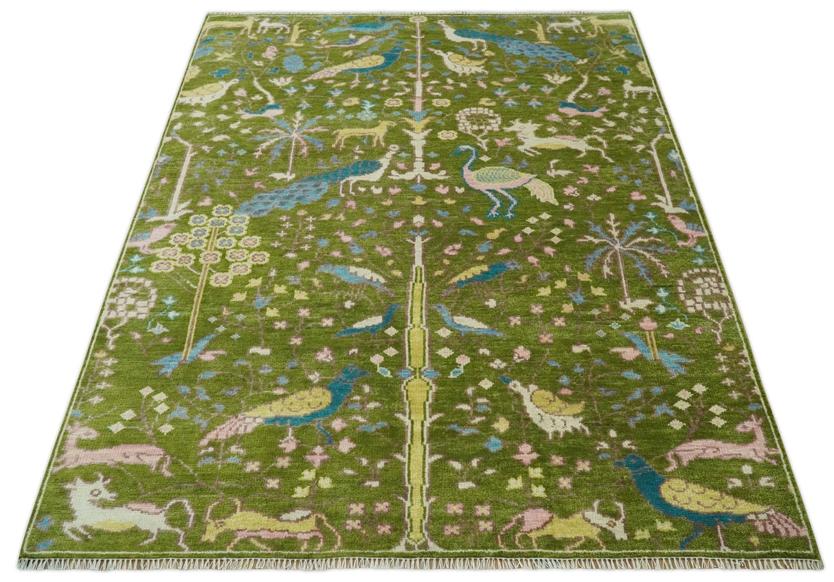 The Green Jungle Life Teal and Peach Peacock Bird Hand Knotted 8x10 Wool Area Rug